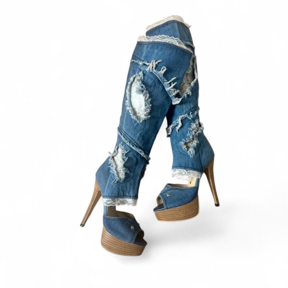 RARE gianmarco Lorenzi denim knee high distressed boots